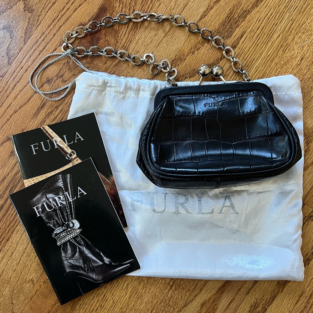 Furla Textured Black Leather Clutch